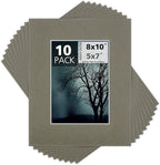 Mat Board Center, Pack of 10, 8x10 for 5x7 Gray Color Mats - Bevel Cut, Acid Free, 4-ply Thickness, White Core - for Pictures, Photos, Framing