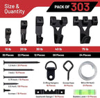 303-Piece Picture Hanging Assortment, Heavy Duty Hooks, Nails, Sawtooth, D-Rings, Wire, Level, and Metal Wall Hooks for Picture Framing and Canvas Mounting (Black)