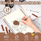 18 Pcs Line Washable Markers Bulk Brown Fine Tip Markers Set Coloring Thin Tip Drawing Washable Pen for Kids Toddler Teacher Art School Classroom Back to School Gender Reveal Party Supplies,Ages 6+