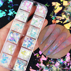 12 Colors Holographic Glitter Nail Art Sequins Aurora Iridescent Nail Flakes Glitter Chameleon Flakes Irregular Ice Slag Glass Paper Ultra Thin Mermaid Nail Glitter for Nail Art Make-up DIY Decoration