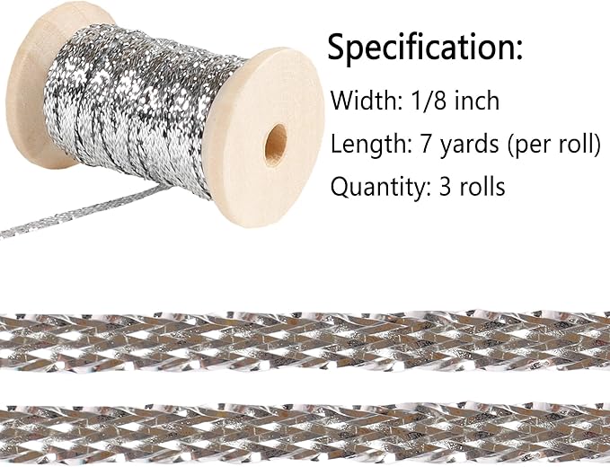 Silver Thin Ribbon 1/8 inchMetallic Braided Double Faced Ribbons Curling Ribbons for Balloon String Crafts Gift Wrapping Party Wedding Christmas Ornaments Decoration 7 Yard x 3 Rolls