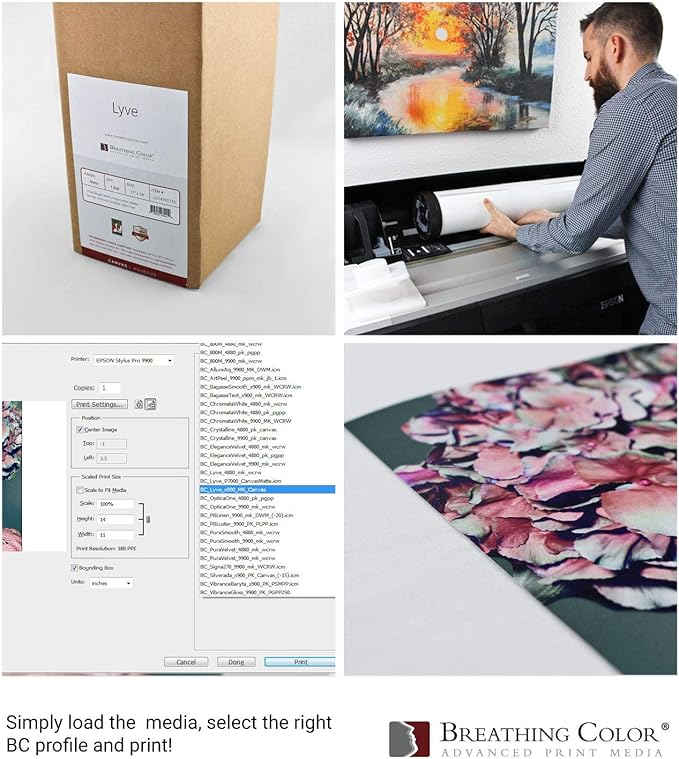Premium Lyve Matte Canvas Paper Perfect For Use on Professional Makes and Models of Epson, Canon and HP printers preferred by Professionals. 19 mil textured Canvas offered in a 36 inch by 40 ft roll
