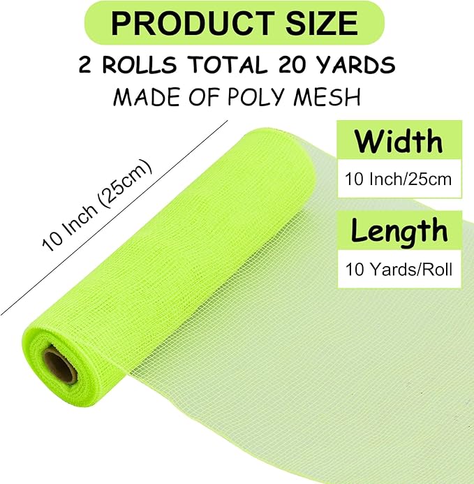 TONIFUL 2 Rolls 10 Inch Light Green Decorative Mesh Ribbbon Rolls, Fabric Mesh for Grinch Wreath Supplies, Front Door Wreath Crafts Tree Decor Christmas NewYears Halloween Decoration (10 yds/roll)