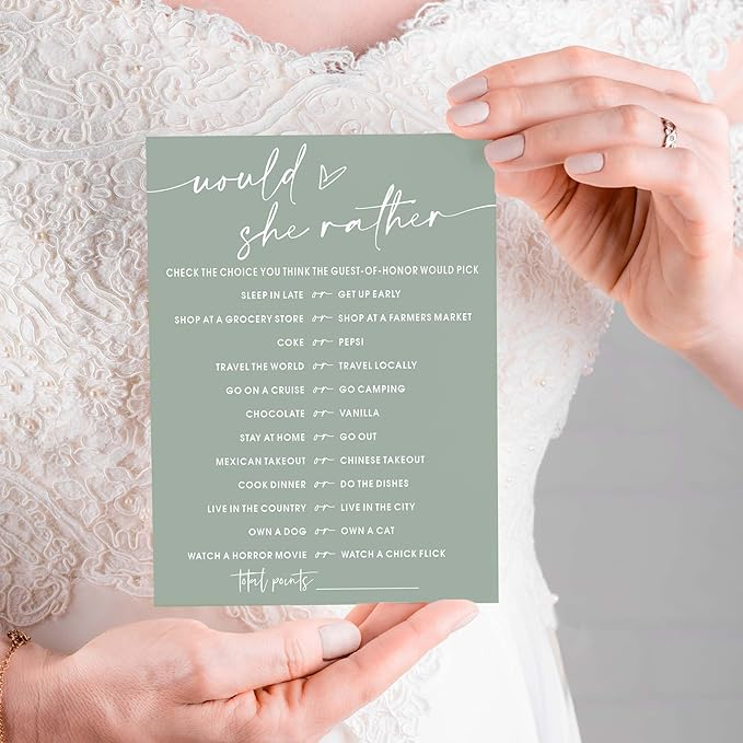 Bridal Shower Games Cards, Would She Rather Bridal Shower Game for 25 Guests, Engagement Party Wedding Games for Guests, Minimalist Green Wedding Party Supplies - C11