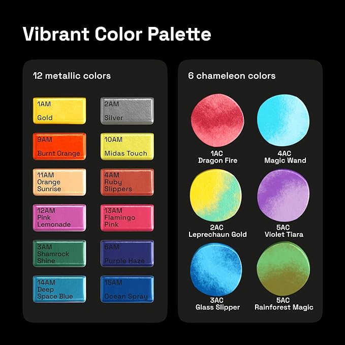 ARTISTRO Metallic Watercolor Paints Set of 18, Palette set Including 12 Metallic Glitter Watercolor and 6 Chameleon Colors. Perfect Travel Watercolor Set for Artists, Amateur Hobbyists and Painting Lovers