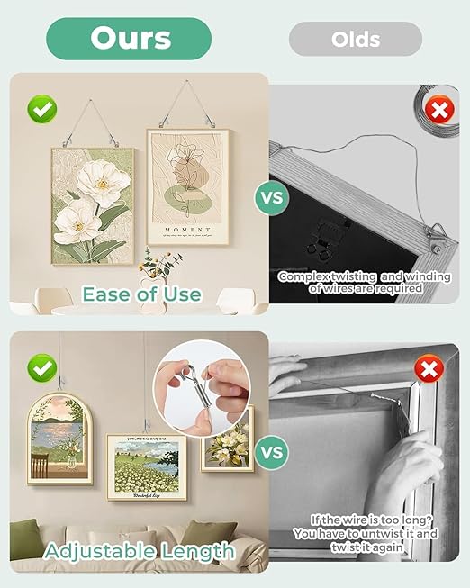 4PCS Adjustable Picture Hanging Wire 3m x 1mm Small Hooks, Picture Frame Wire Kit Heavy Duty 50lbs, Stainless Steel for Art, Mirror, Light Lamp, Billboards, Basket Flowerpot