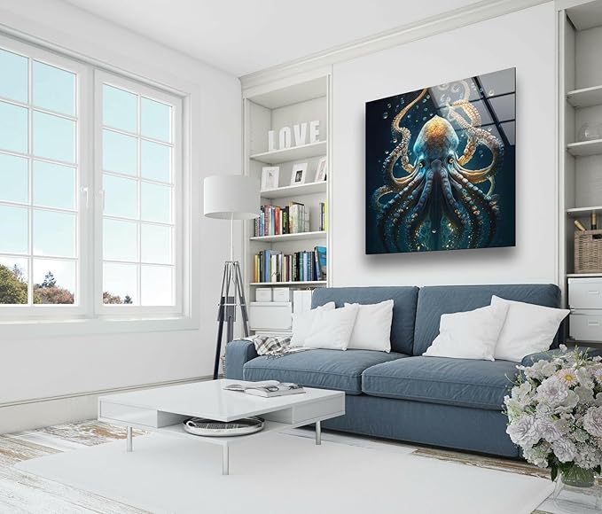 My Photostation.com Round 24'' Underwater Blue Octopus Glass Wall Art Tempered Glass Printing Wall Decor Large Wall Art Wall Hangings
