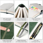 5 Pack College Ruled Notebook, 312 Numbered Pages Thick Notebooks Bulk, 100gsm No Bleed Paper Hardcover Leather Journal, Lined Journal Notebook Set for Women Men School Office, A5, Green
