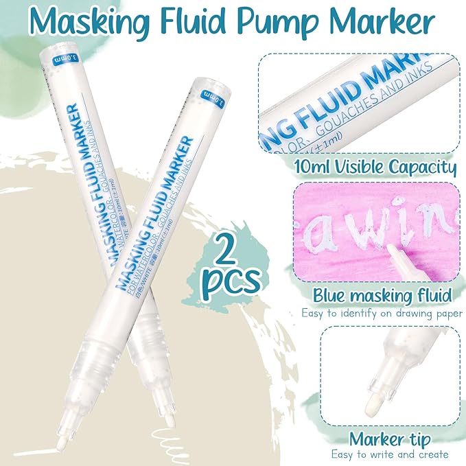 2 Pcs Masking Fluid Pen for Watercolor Painting, Capacity with Applicator Tip, Masking Fluid Marker for Various Art Projects Watercolor Ink(White,3mm)