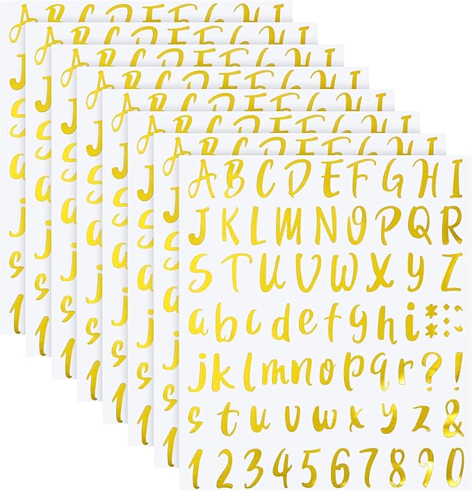 Outus 576 Pieces 8 Sheets Letters Stickers Self Adhesive Vinyl Letter Alphabet Number Stickers Mailbox Numbers Sticker, Decals for Classroom Decor, Sign, Door(Gold,1 Inch)