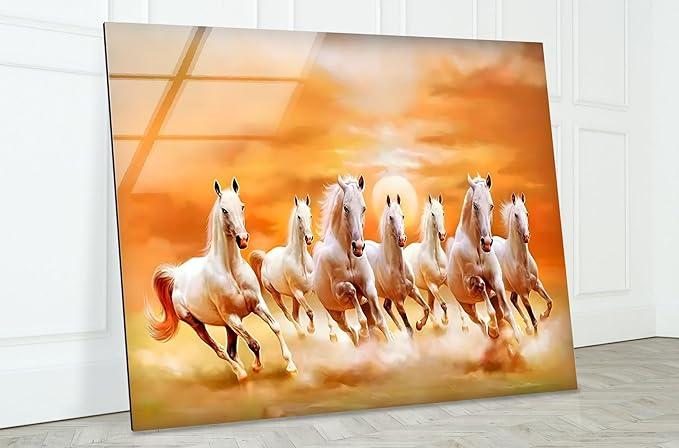 My Photostation.com Round 24'' White Horses Running on Sunset Glass Wall ArtTempered Glass Printing Wall Decor Large Wall Art Wall Hangings