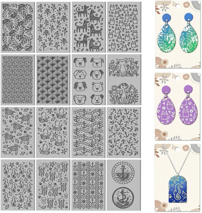 CHGCRAFT 16 Sheets Animal and Plant Clay Texture Mat Ocean Polymer Clay Texture Sheets DIY Tools for Pottery Earring Jewelry Making Stamp Engraving Machines, 4x2.6inch