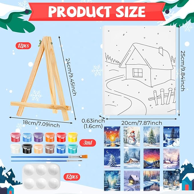 Zhanmai 12 Pack Pre Drawn Canvas for Painting Sip and Paint Kit 8" x 10" Paint Party Set Canvas Painting Pre Printed Canvases for Party Favor DIY Virtual Adult's Date Night (Winter Sonw)