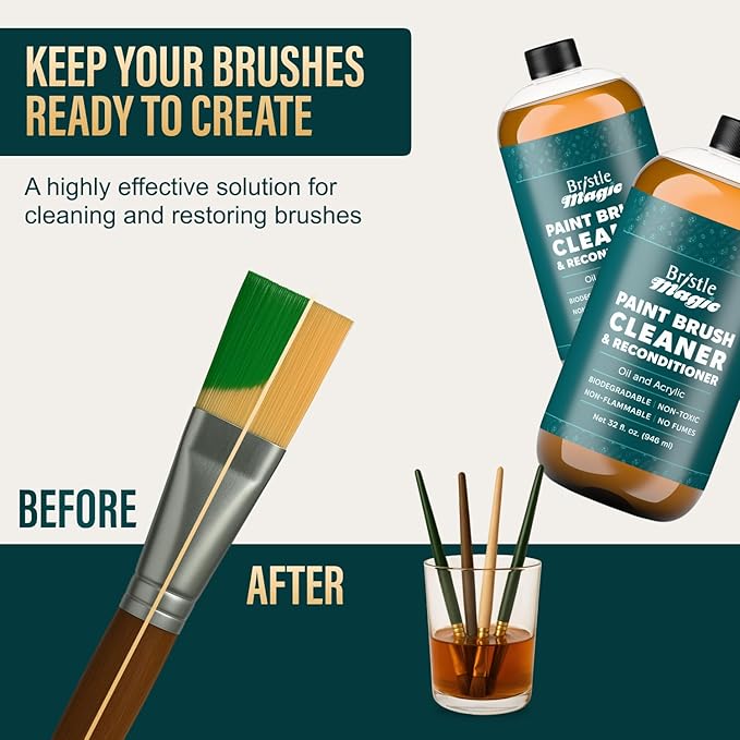 Oil Paint Brush Cleaner and Restorer-Paintbrush Cleaner for Acrylic, Oil, and Glass Paints-Biodegradable, Non-Toxic, Odorless, Eco-Friendly, Quick-Clean Formula Paint Remover (32 Fl Oz)