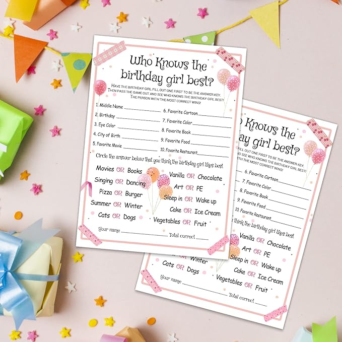 Who Knows the Birthday Girl Best - Girl Birthday Party Game - Themed Party Activity and Idea - Supplies, Decorations - 20 Game Cards