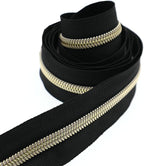 Leekayer #5 Metallic Nylon Coil Zippers by The Yard Bulk 10 Yards Black Zipper Tape with 25pcs Gold Ring Pull Sliders for DIY Sewing Tailor Craft Bag(Black Gold)