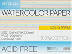MEEDEN Watercolor Paper Block, 100% Cotton Watercolor Paper Pad of 20 Sheets, 140lb/300gms, Acid-Free Art Paper for Watercolor, Gouache, Ink and More, 9" x 12" Cold Press
