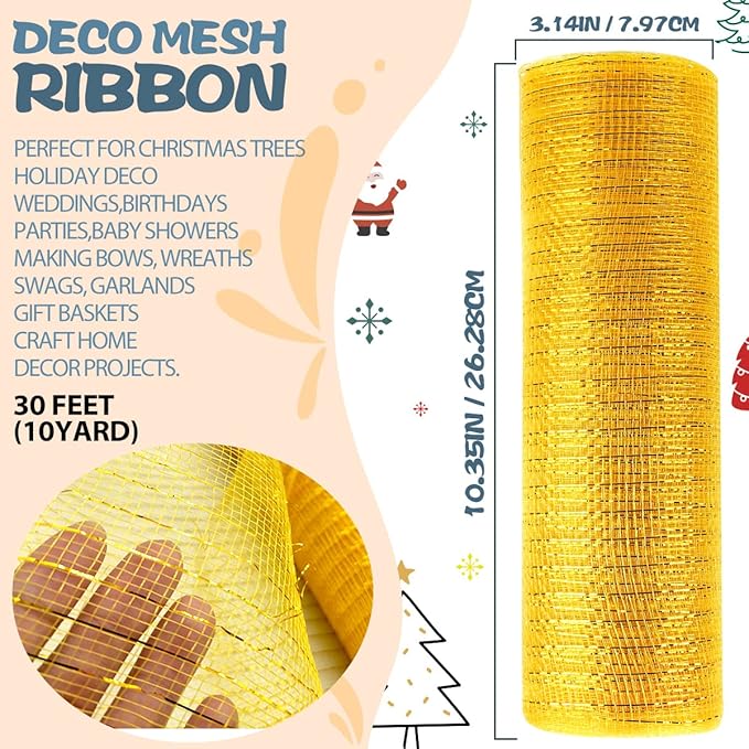 Anivia Deco Mesh Ribbon, 10inch x 30 Feet Each Roll Metallic Foil Mesh Ribbon for Wreaths Swags, Holloween, and Christmas Tree Decoration (Gold/Gold Foil)