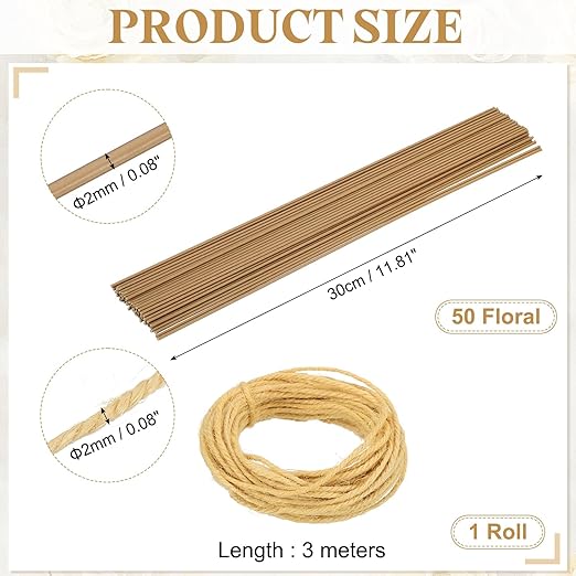 uxcell 50Pcs 2 Gauge Floral Wire, 11.81" Length Flower Stem Wires with 0.08" x 32.8ft Twine for Wreath Making, Flower Arrangement, Yellow