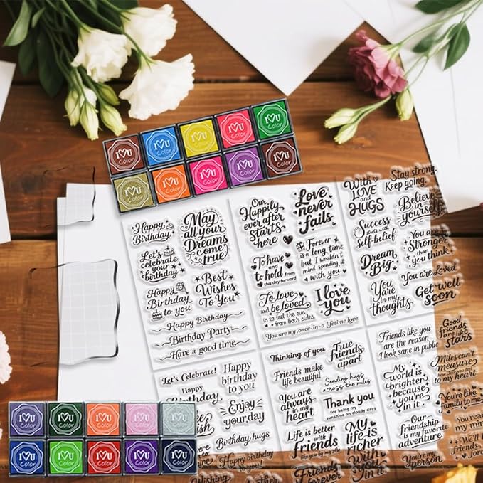 6 Pcs Greeting Words Clear Stamps for Card Making Supplies 20 Ink Pad 3 Acrylic Stamp Block Silicone Stamp with Holiday Bless Happy Birthday Stamps for Crafting DIY Scrapbooking Journal