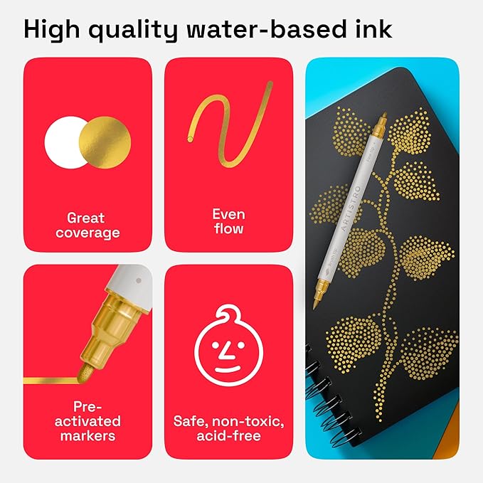 ARTISTRO 5 Gold Dual Tip Brush + Fine Acrylic Paint Markers - Easy for All Ages & Levels Paint Pens for Fabric, Rock, Glass, DIY - Halloween Pumpkin Painting Kit, Art Supplies, Christmas Gift