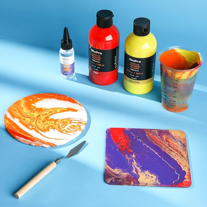 Nicpro 14 Colors 8.45oz Acrylic Pouring Paint Kit, Large Volume Premixed High Flow Pour Paints Supplies with Canvas, Wood Natural Slices, Pouring Oil, Gloves, Strainer, Cups for Beginner DIY Crafts