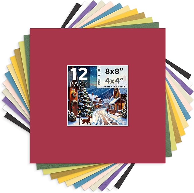 Mat Board Center, 8X8 Mix Color Mats for 4X4 Pictures - Acid Free, 4-Ply Thickness, White Core, Bevel Cut - for Artworks, Photos, Framing - Pack of 12