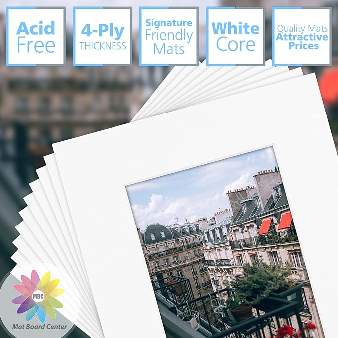 Mat Board Center, Pack of 10, 8x10 for 5x7 Off White Color Mats - Bevel Cut, Acid Free, 4-ply Thickness, White Core - for Pictures, Photos, Framing