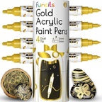 4 Dual Tip Gold Paint Pen Metallic - Fine Tip & Medium Acrylic Paint Markers - Gold Marker for Metal, Wood, Rock Painting, Canvas, Ceramic, Glass, Fabric, Leaf and Plastic - Water-based Ink