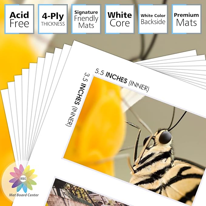 Mat Board Center, Pack of 10, Photo Picture Mats - Acid Free, 4-ply Thickness, White Core - for Pictures, Photos, Framing (8x10 for 2-4x6 White)