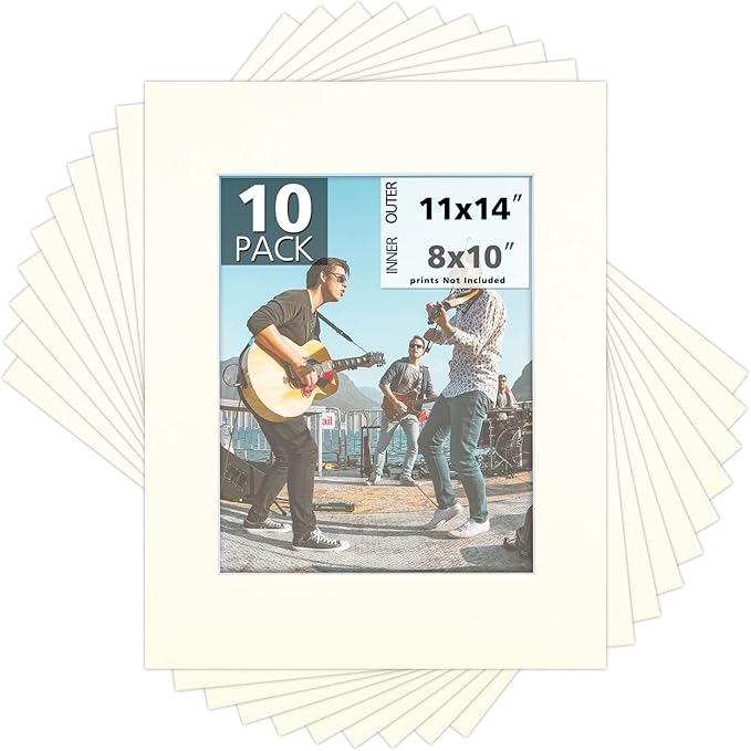 Mat Board Center, Pack of 10, 11x14 for 8x10 Ivory Turret Color Mats - Bevel Cut, Acid Free, 4-ply Thickness, White Core - for Pictures, Photos, Framing