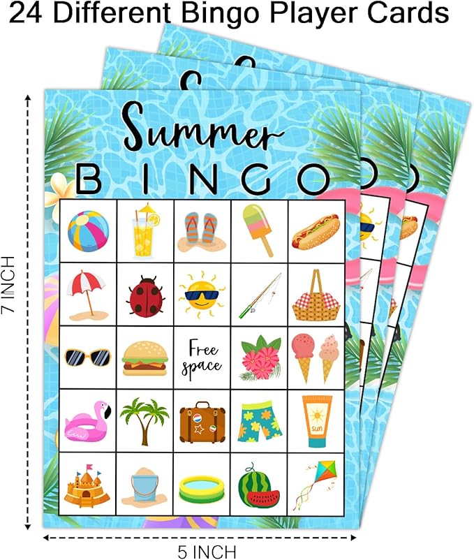 Summer Party Bingo Game Cards(24 Players), Hawaiian Bingo Card for Family Friend Adult, Large Group Holiday Beach Party Activity Favor Decoration Supplies -008