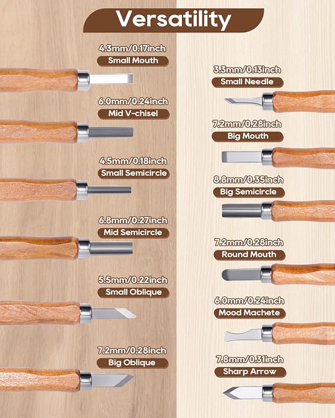 UCEC 12 Pack Linocut Wood Carving Tools Set Linoleum Hand Wood Carving Kit Whittling Knives V-chisel Angled Gouge Half Round Woodcarving Tools Set Whittling Kit for Linocut Printmaking Supplies Gift