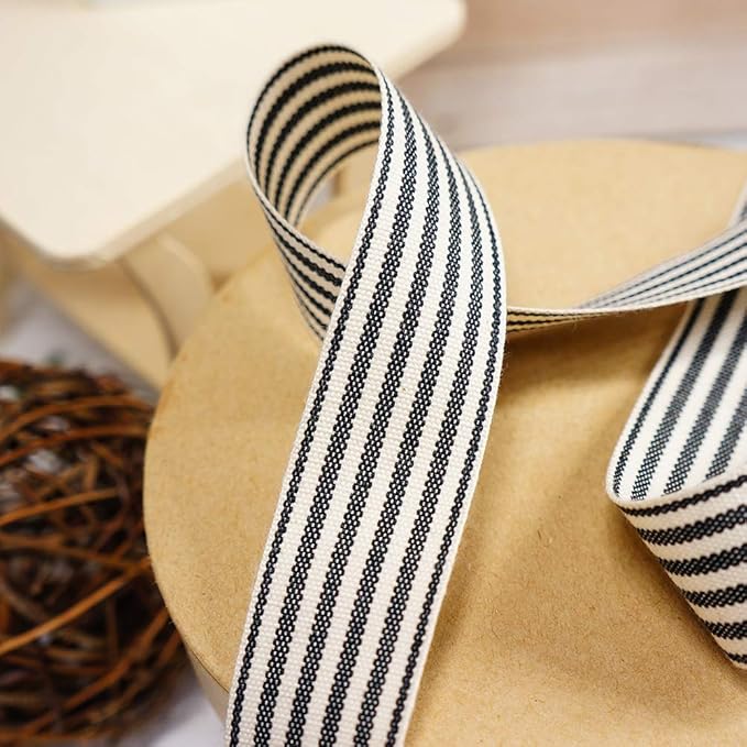 CT CRAFT LLC Ivory Cotton Black Stripes Ribbon 1" x 10 Yards for Home Décor Gift Present Wrapping DIY Crafts Birthday Wedding Bouquet Christmas