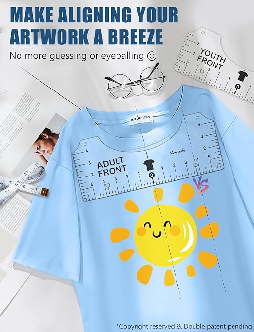 Vowlove Tshirt Ruler Guide Vinyl Alignment - T Shirt Measure Ruler Guide Shirt Measurement Centering Tool Heat Press Screen Printing Embroidery Accessories Sublimation Blanks Product V-Neck Front Back