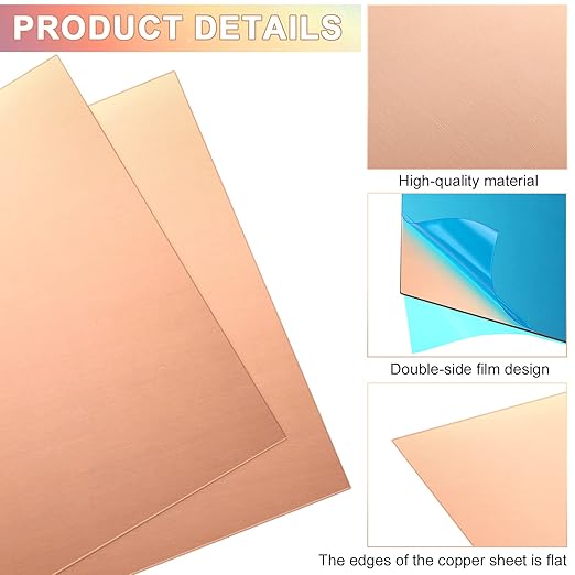 Therwen 4 Pieces Copper Sheets Plates Metal for Crafts 12 x 12 inch 24 Gauge 0.5mm Thickness No Scratches Pure Copper Sheet for Jewelry Repairs Electrical(4 Pcs,12 x 12 inch)