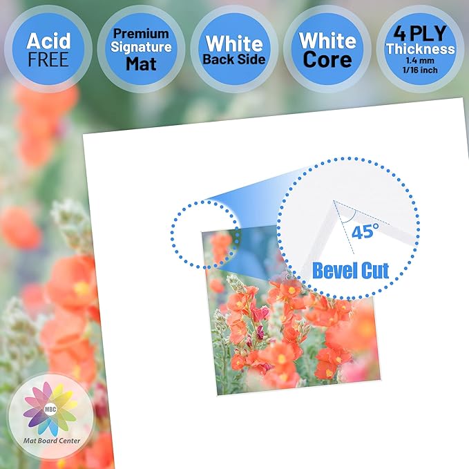 Mat Board Center, Pack of 10, 8x8 for 4x4 White Photo Picture Mats - Acid Free, 4-ply Thickness, White Core - for Pictures, Photos, Framing