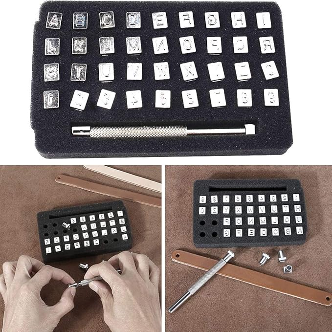 65PCS Leather Stamping Tool Leather Carving Working Saddle Making Tools DIY Leather Craft Stamps Set DIY Hammer Swivel Knife with Leathercraft Metal Letter and Number Stamps Punch