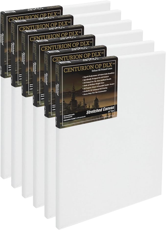 Centurion Deluxe Professional Oil Primed Linen Stretched Canvas, 11oz Linen, 16x20 - Box of 6, 0.67" Deep Canvases, Kiln-Dried Stretchers, Back Stapled, Premium Medium Weight Canvas for Oil Paintings