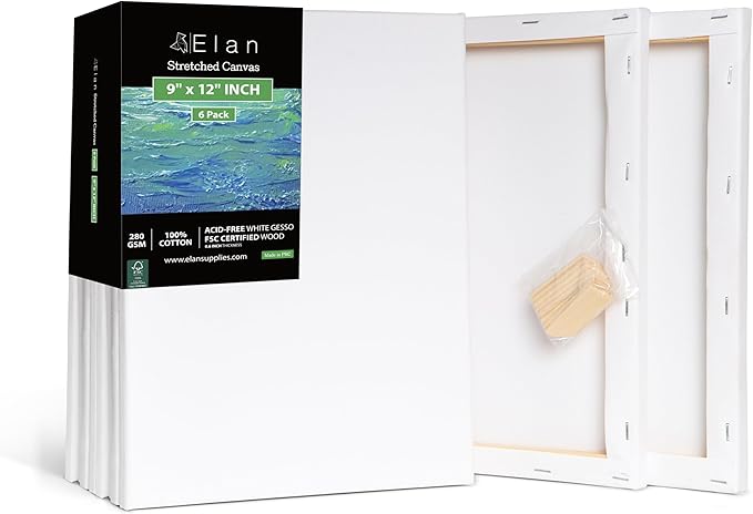 Elan Stretched Canvases 9x12 Inch, 6-Pack Blank Canvases for Painting 8 oz, Triple Primed Stretched Canvas for Painting, 9x12 Canvas Bulk