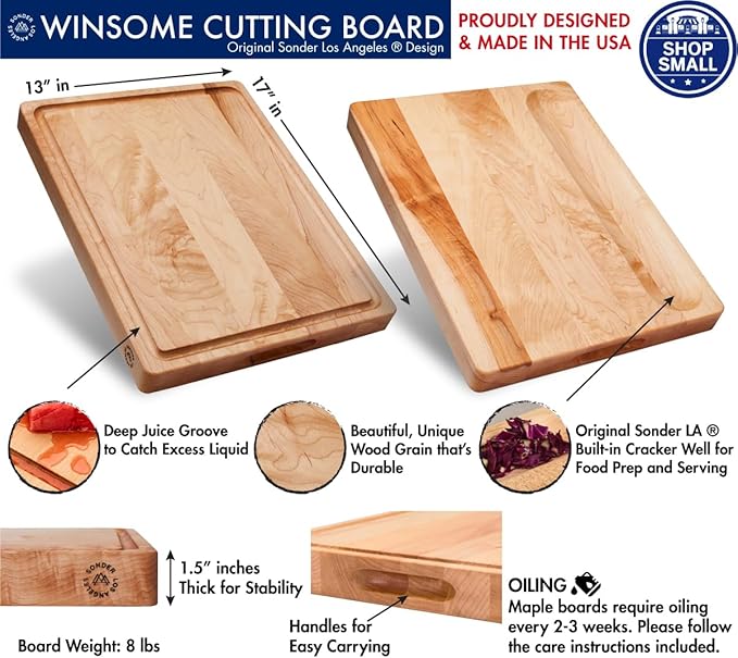 Sonder Los Angeles, Made in USA, Large Thick Maple Wood Cutting Board for Kitchen with Juice Groove, Sorting Compartment, Charcuterie Wooden Board 17x13x1.5 in (Gift Box Included)