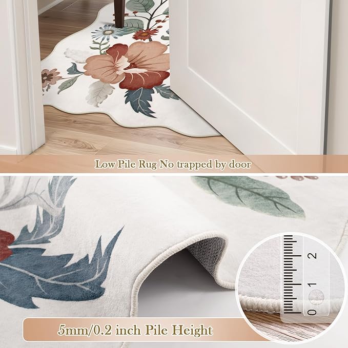 Beeiva Living Room Area Rug 6 x 9 - Scalloped Floral Printed Boho Flower Rugs for Bedroom Playroom Soft Non Slip Large Aesthetic Carpet for Nursery Dorm Office(Beige,6x9ft)