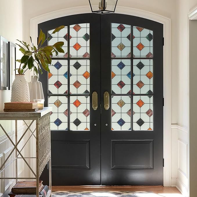 DKTIE Stained Glass Window Film Geometric Patterns, Fine Frosted Window Clings for Glass Windows, Waterproof for Bathroom Window Privacy Film Day and Night (S533, 17.7in X 78.7in)