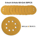5-Inch 8-Hole Hook and Loop Sanding Discs 60-Grit Random Orbit Sandpaper, 50-Pack