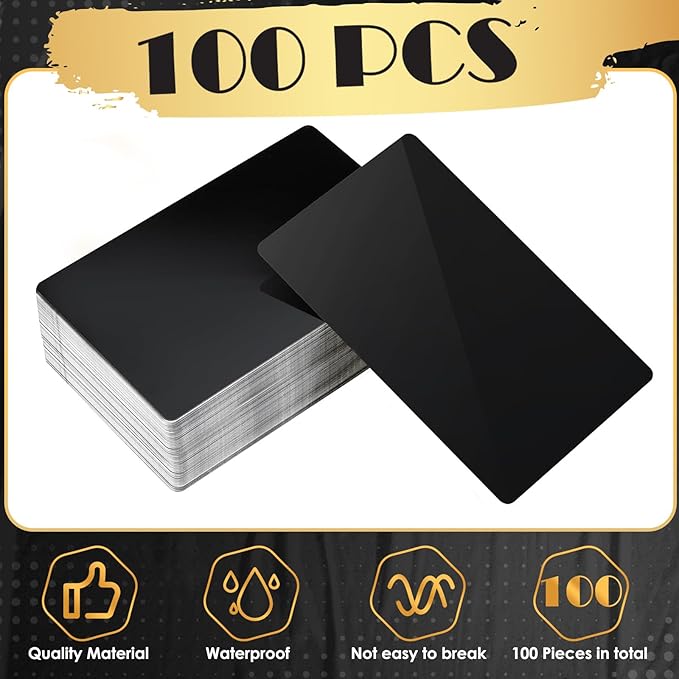weparmeety 100 Pcs Metal Engraving Blanks Aluminum Sheet Laser Engraving Business Card Multipurpose DIY Gift Cards 86 x 54 x 0.21 mm (Black)
