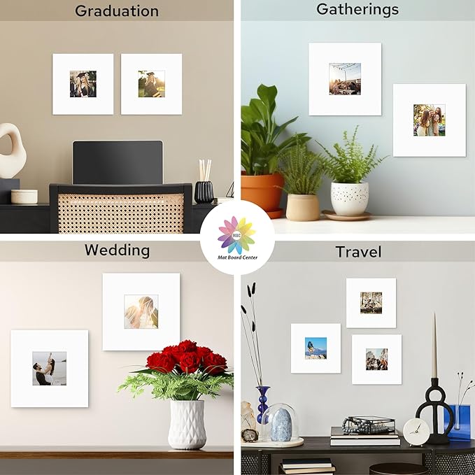 Mat Board Center, 8x8 White Mats for 4x4 Pictures - Acid Free, 4-ply Thickness, White Core, Bevel Cut - for Artworks, Photos, Framing - Pack of 12