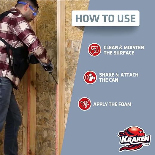 KRAKEN BOND Drywall & Panel Adhesive Foam - (2x24oz) Heavy-Duty, Fast-Curing Construction Adhesive for Concrete, Wood, and Heat Insulation Applications - Gun&Gun Cleaner Set