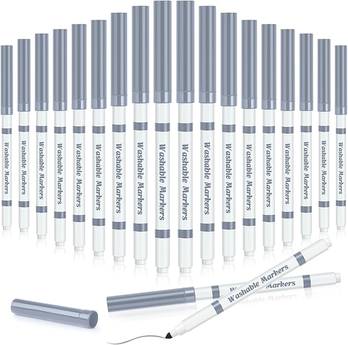 18 Pcs Line Washable Markers Bulk Grey Fine Tip Markers Set Coloring Thin Tip Drawing Washable Pen for Kids Art School Classroom Back to School Gender Reveal Party Supplies, Ages 6+