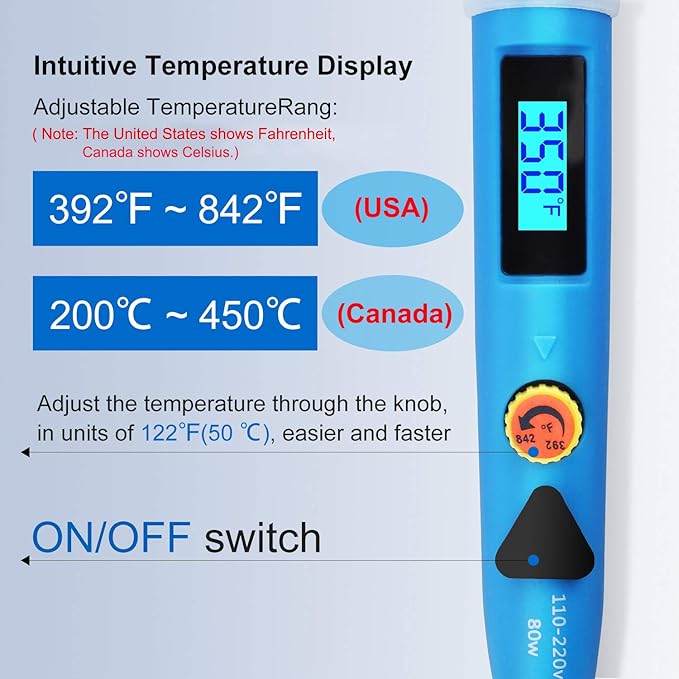 Electronics Soldering Iron Kit - 80W Digital LCD Solder Gun with ON/OFF Switch Adjustable Temperature Controlled and Fast Heating Thermostatic Design Welding Tools for DIY Welding Circuit Board (80W)