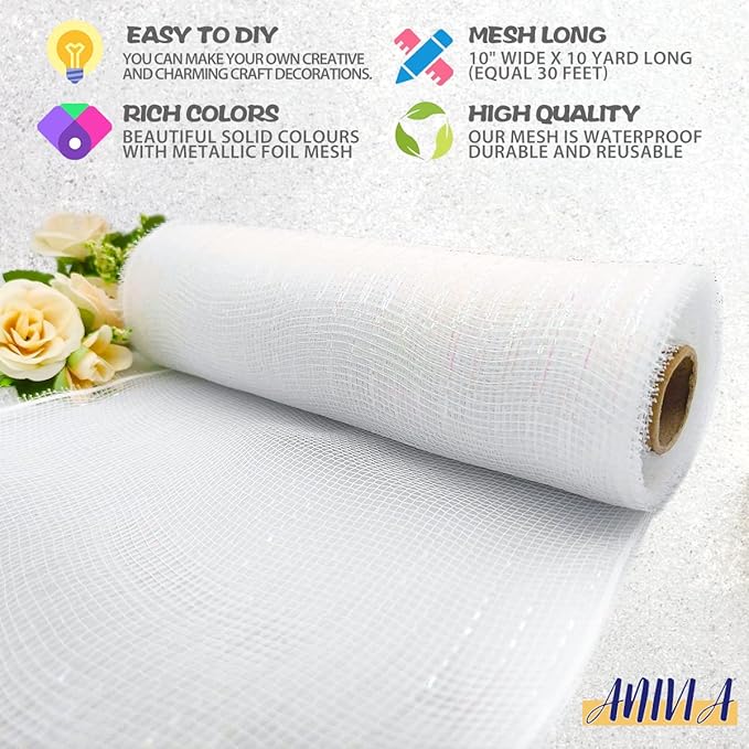 Anivia Deco Mesh Ribbon, 10inch x 30 Feet Each Roll Metallic Foil Mesh Ribbon for Wreaths Swags, Holloween, and Christmas Tree Decoration (White/Iridescent Foil)